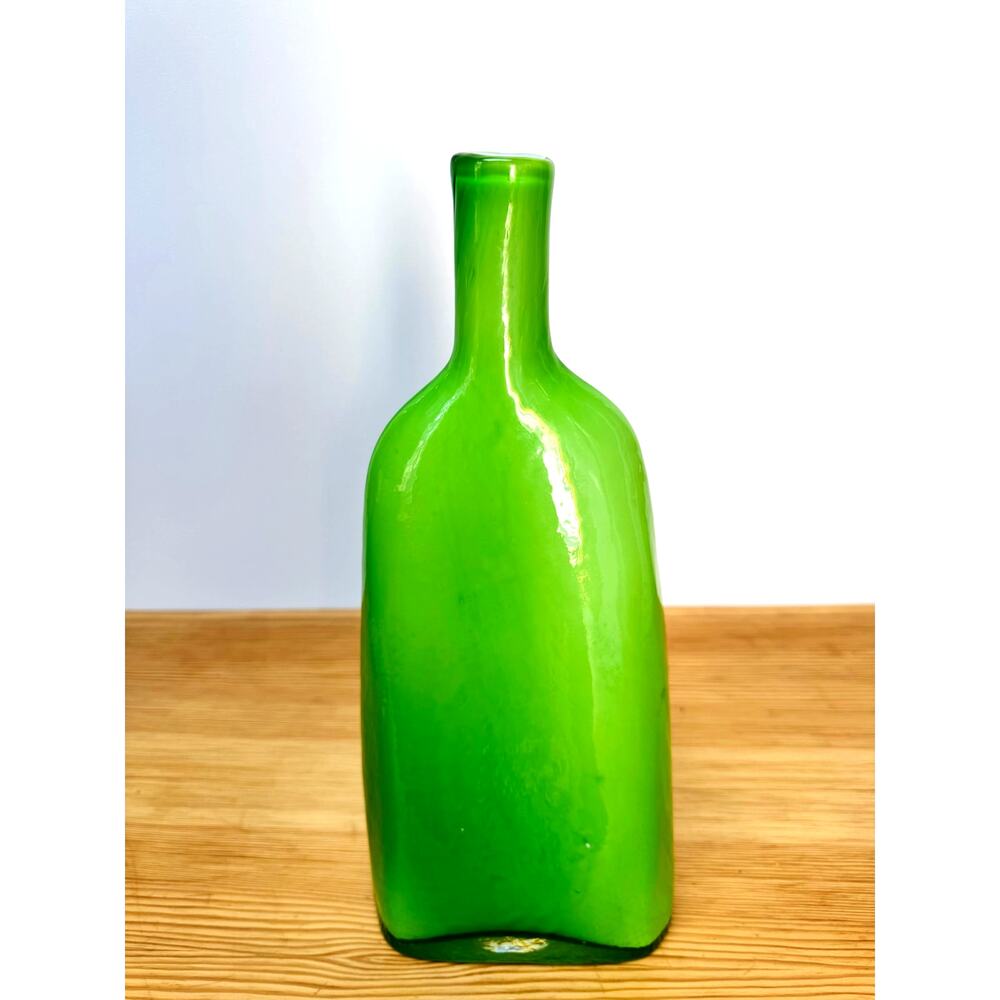 Large Mid-Century Modern Green Art Glass Bottle Vase, 12"